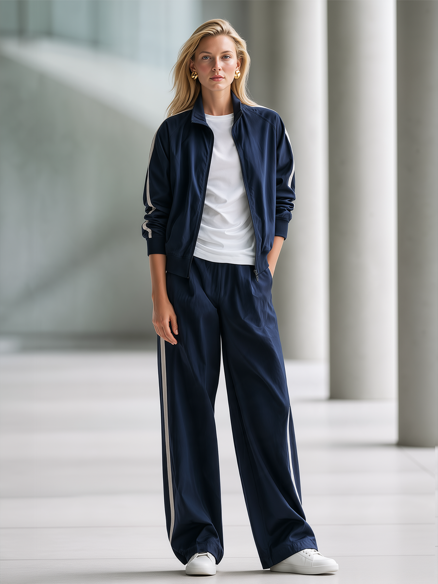 Navy Blue Color-block Zip-up Jacket With Stand Collar And Wide-leg Trousers Set