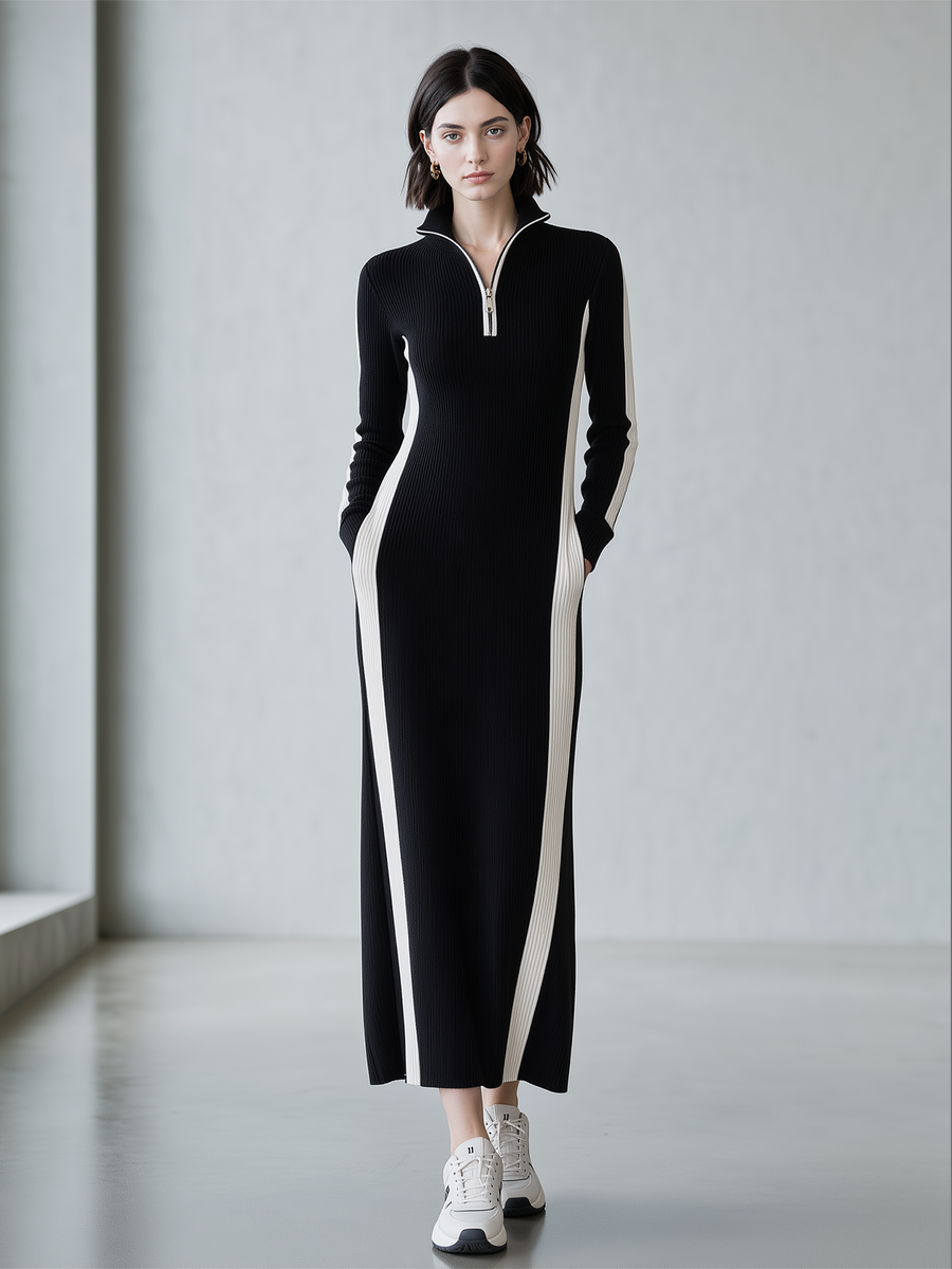 Black And White Color Block Half Zip Collar Ribbed Knit Maxi Dress