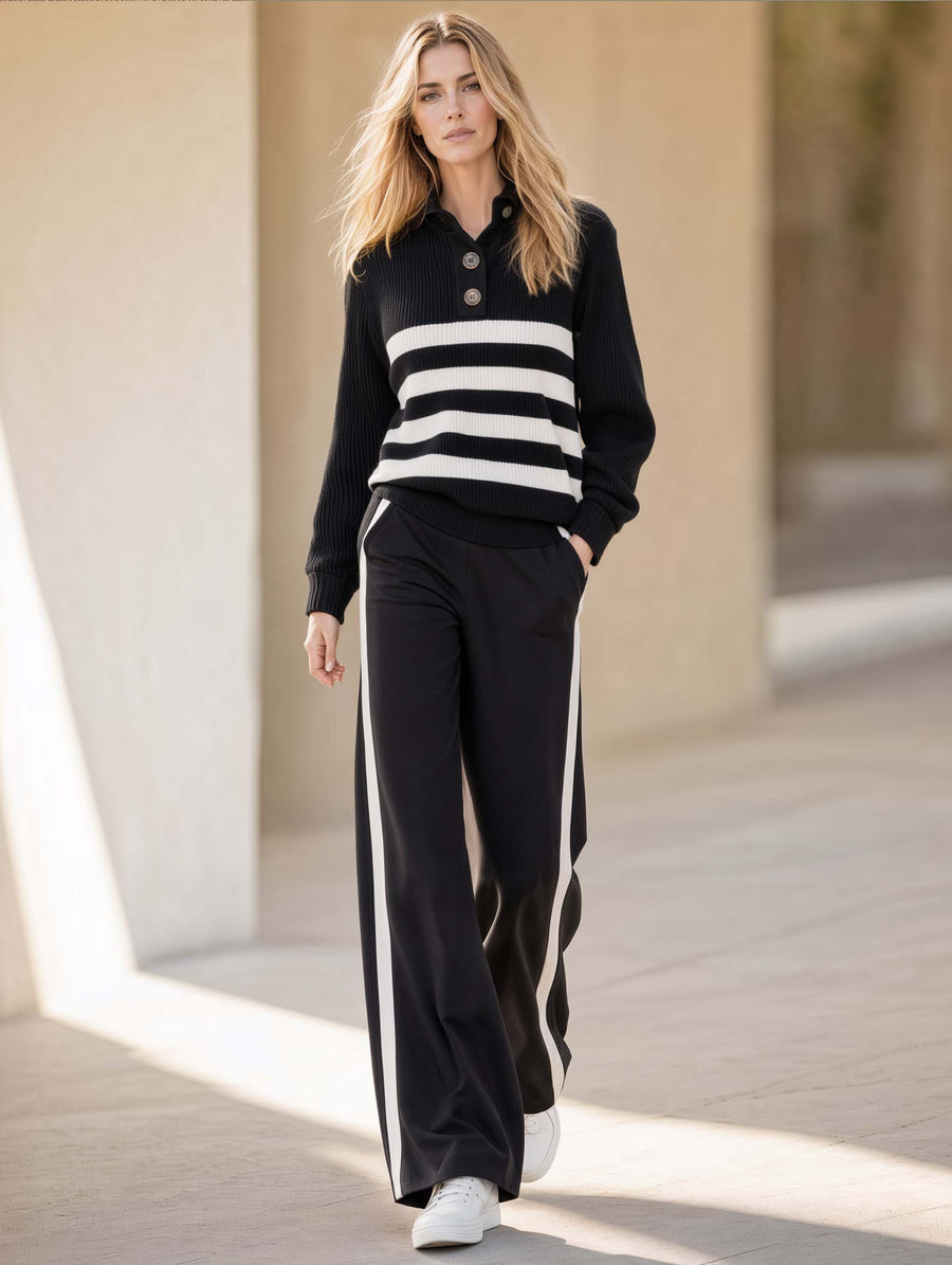 Stylish Casual Black-and-White Color-Block Striped Long-Sleeve Sweater And Pants Set