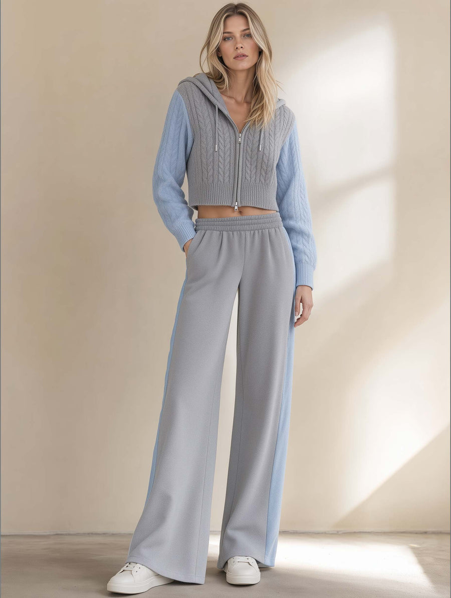 Stylish Casual Grey And Blue Color-Block Long-Sleeve Hoodie And Pants Set