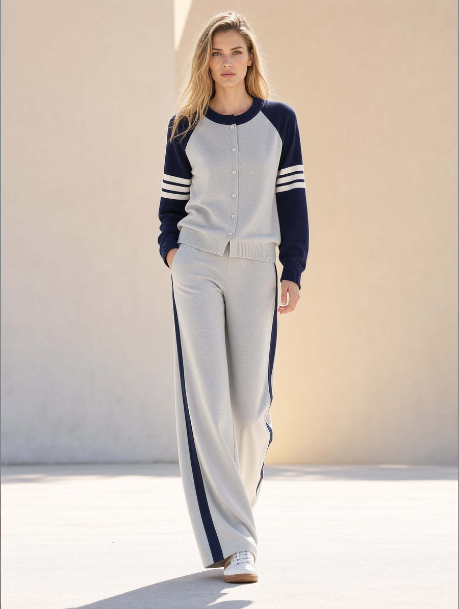 Stylish Casual-sporty Long-sleeve Cardigan And Trousers Set In A Grey And Navy Color-block Design