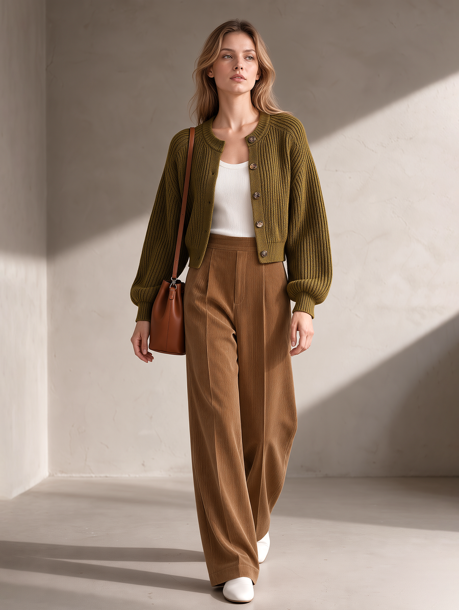 Olive Green Cardigan And High-waisted Wide-leg Trousers Set
