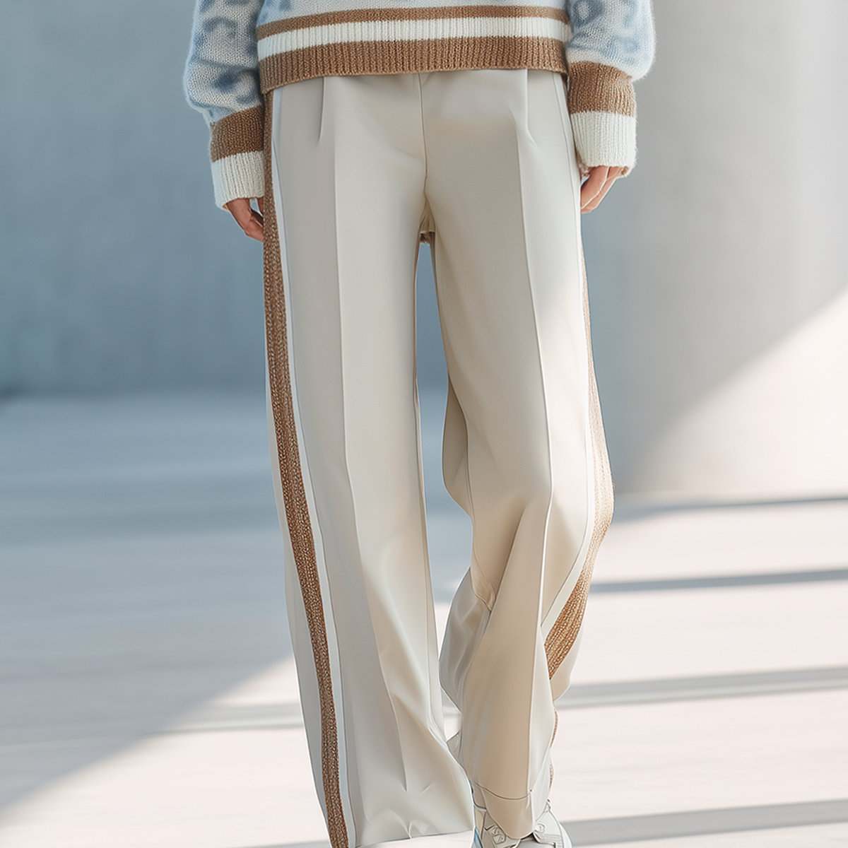 Stylish And Casual Oatmeal-colored Loose Straight-leg Trousers With Color-blocking Details