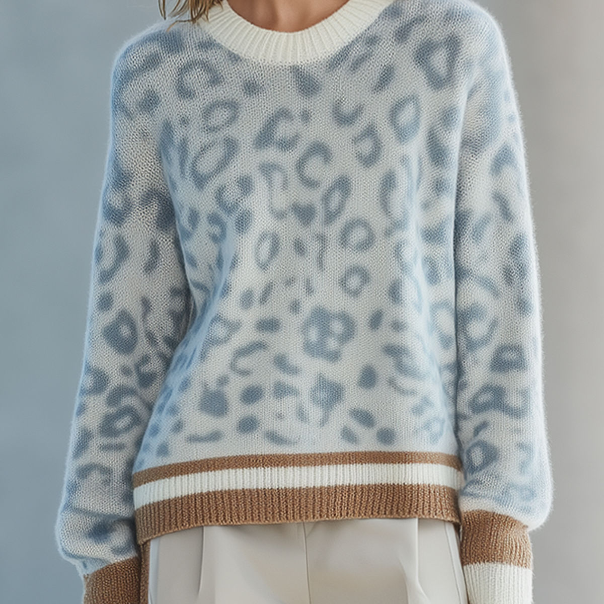 Stylish Light Blue Knit Sweater With Contrast-Trim Leopard Print
