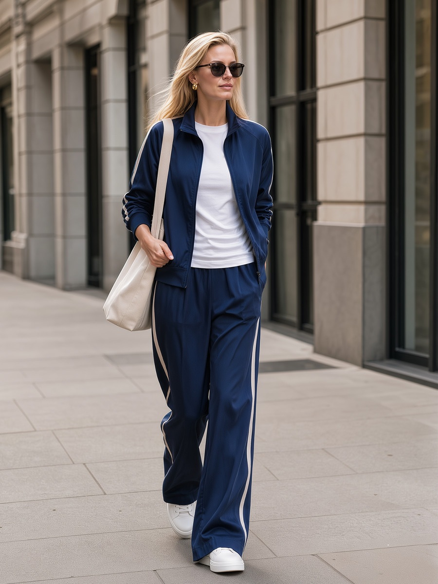 Navy Blue Color-block Zip-up Jacket With Stand Collar And Wide-leg Trousers Set