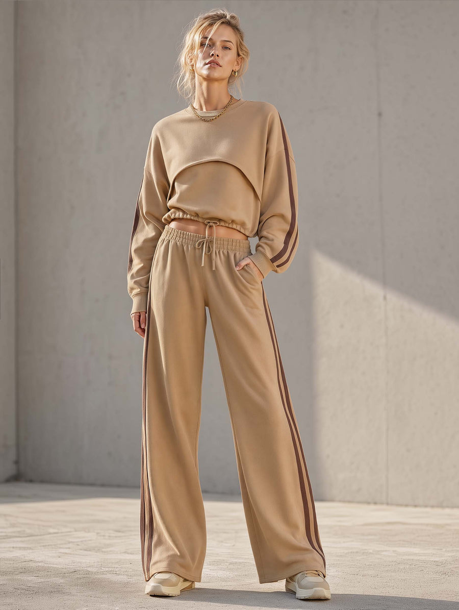 Athleisure-style Khaki Long-sleeve Top And Wide-leg Pants Set