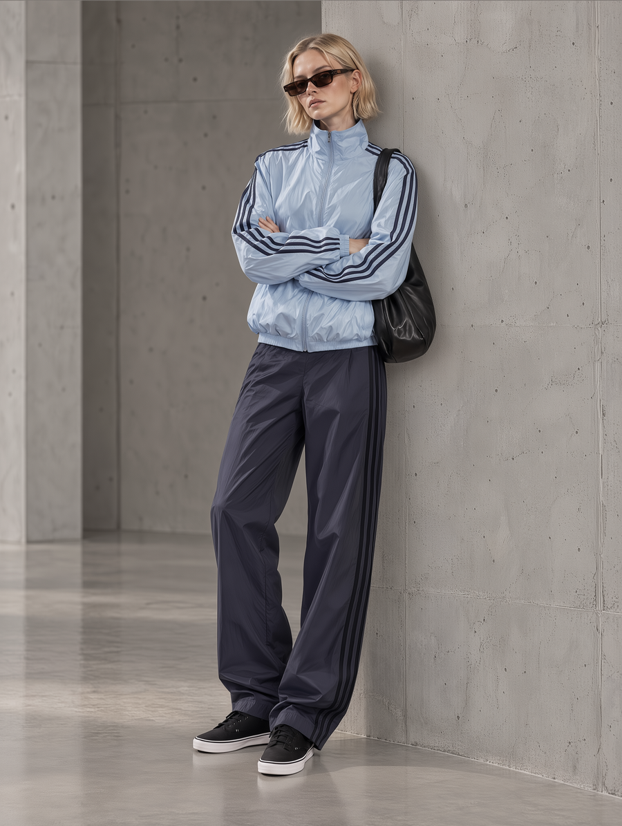 Light Blue Stripe Track Jacket & Navy Wide-Leg Pants Set