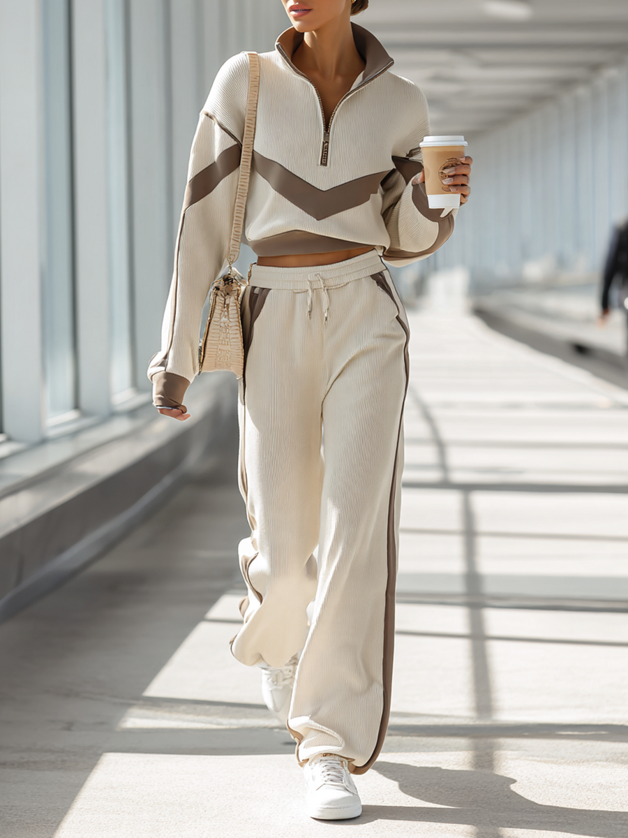 Oatmeal Color-Block Half-Zip Knit Top & Wide-Leg Pants Set