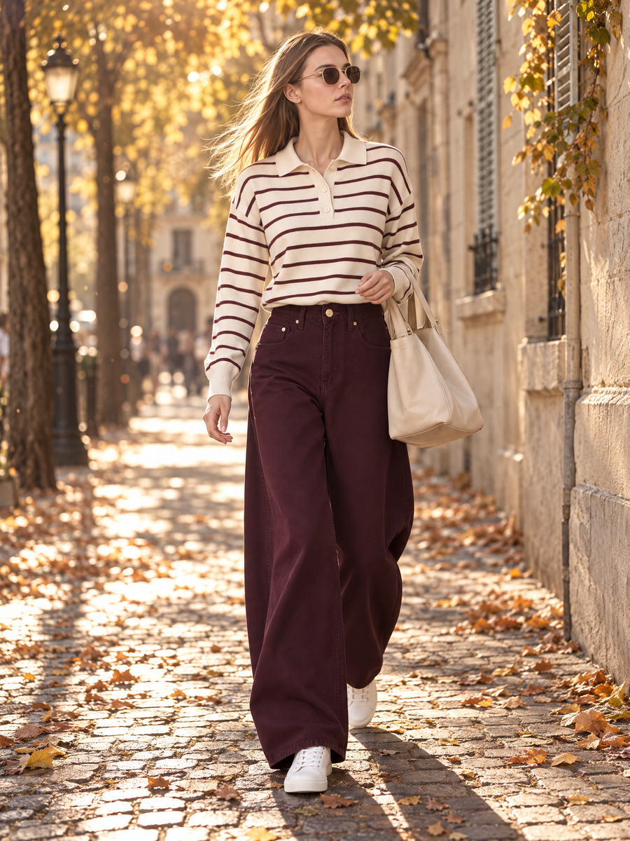 Burgundy Striped Polo Top And Curved Wide-Leg Trousers Set