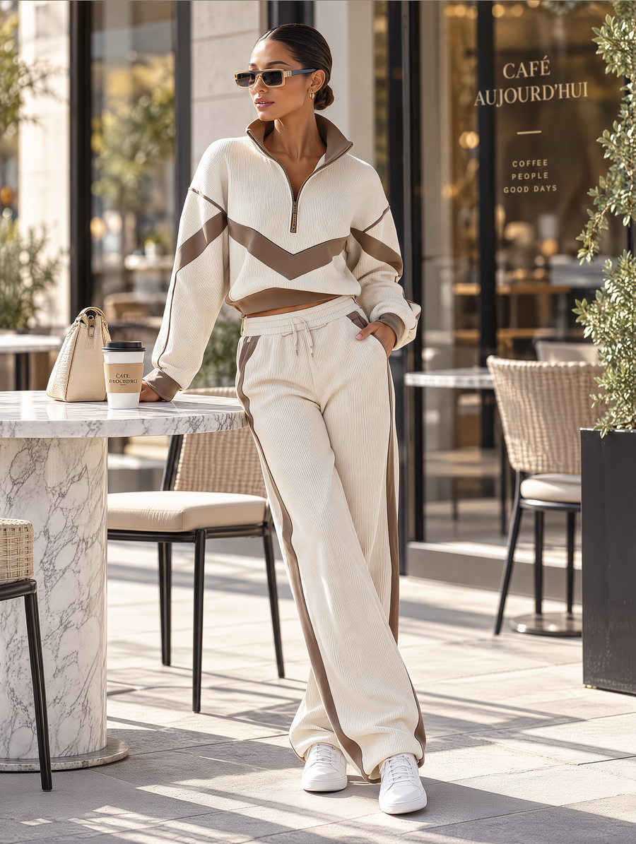 Oatmeal Color-Block Half-Zip Knit Top & Wide-Leg Pants Set