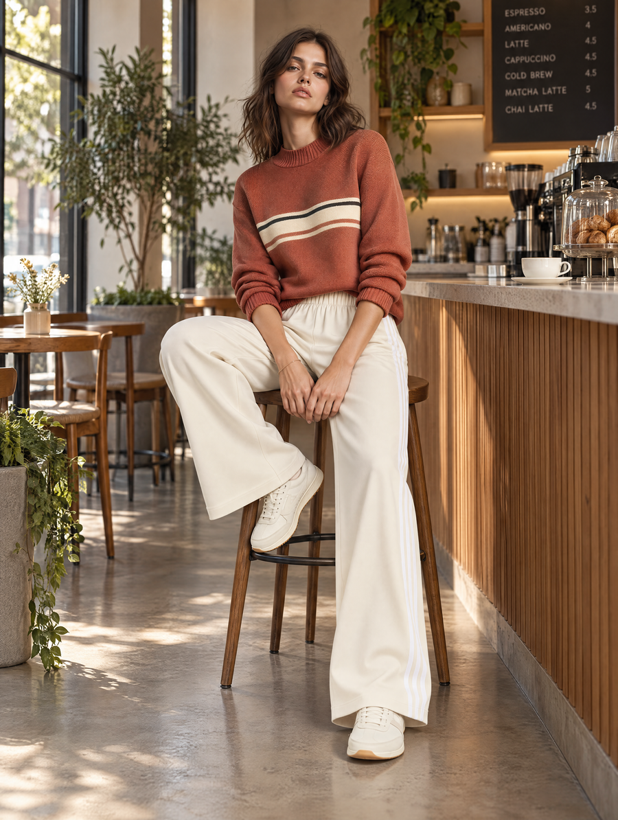 Rust Stripe Knit Sweater & Ivory Wide-Leg Pants Set