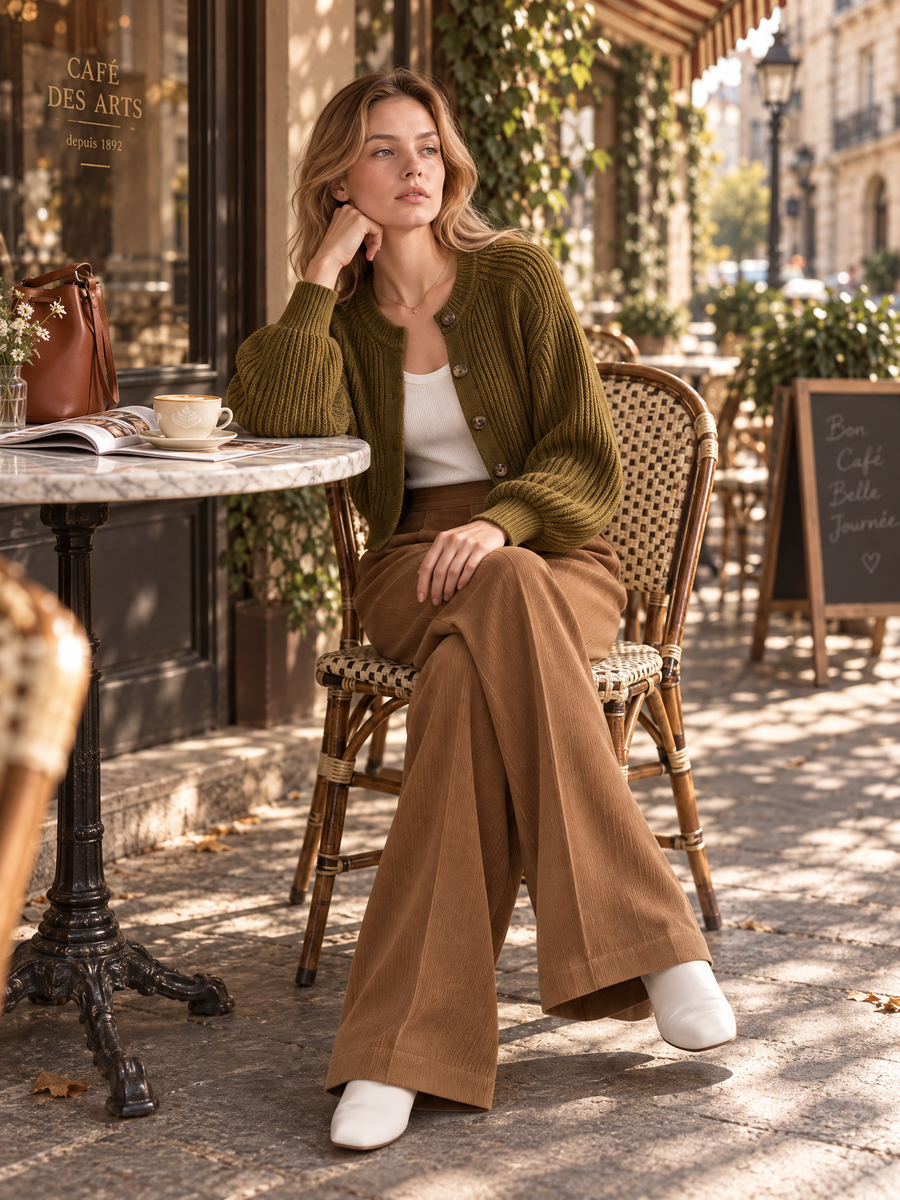 Olive Green Cardigan And High-waisted Wide-leg Trousers Set