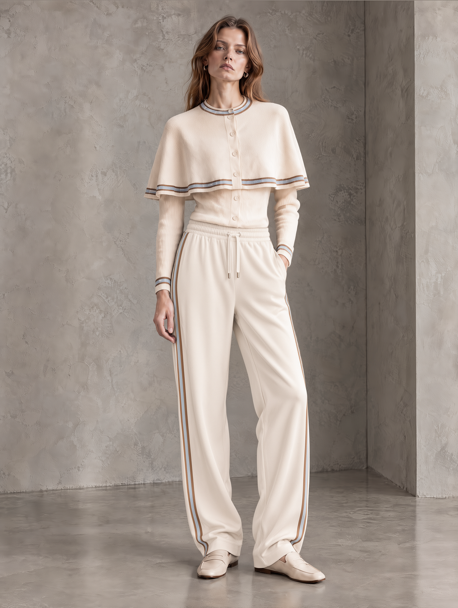 Ivory Cape Knit Cardigan & Side-Stripe Wide-Leg Pants Set