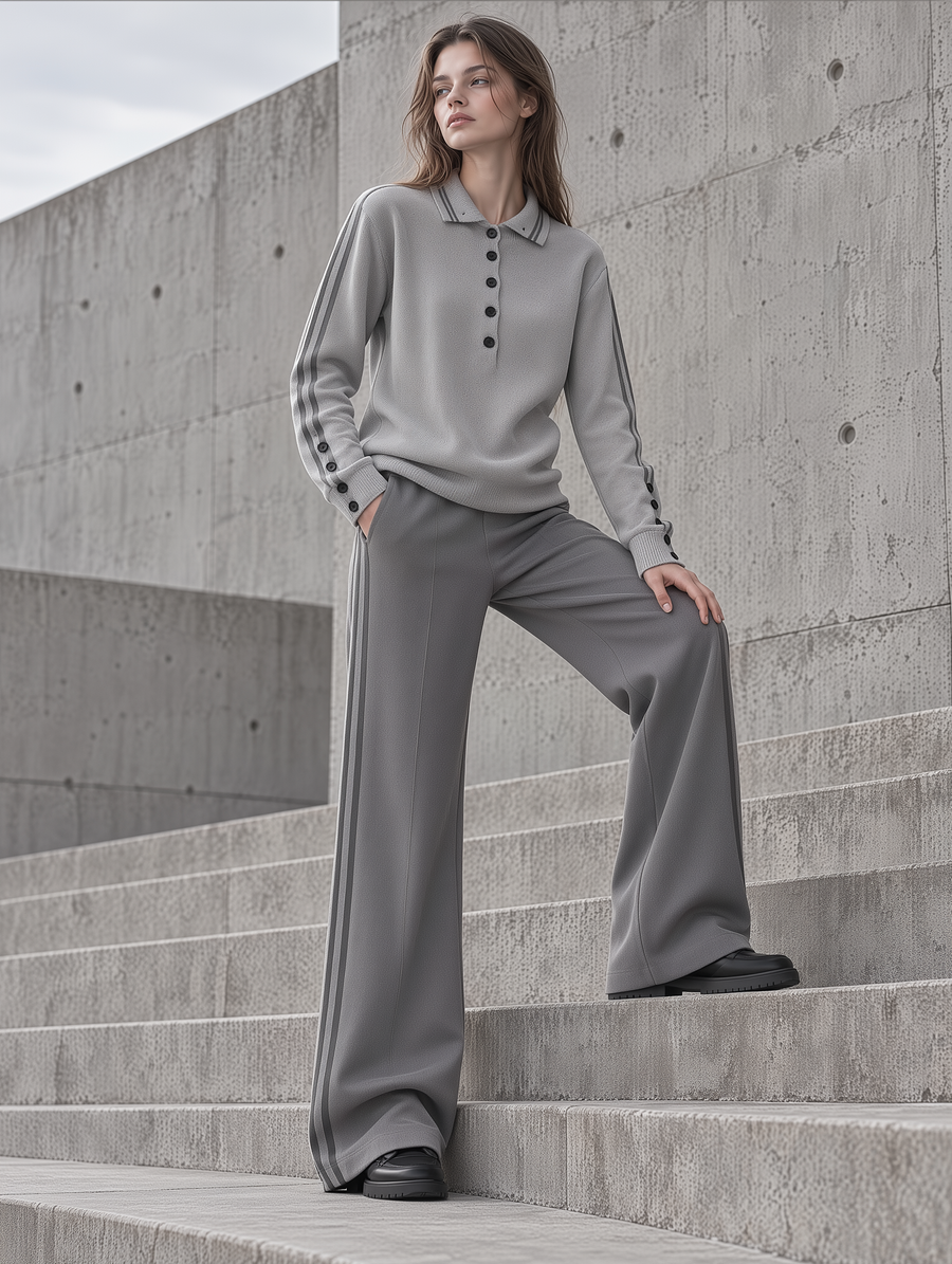 Grey Polo Knit Sweater & Side-Stripe Wide-Leg Pants Set