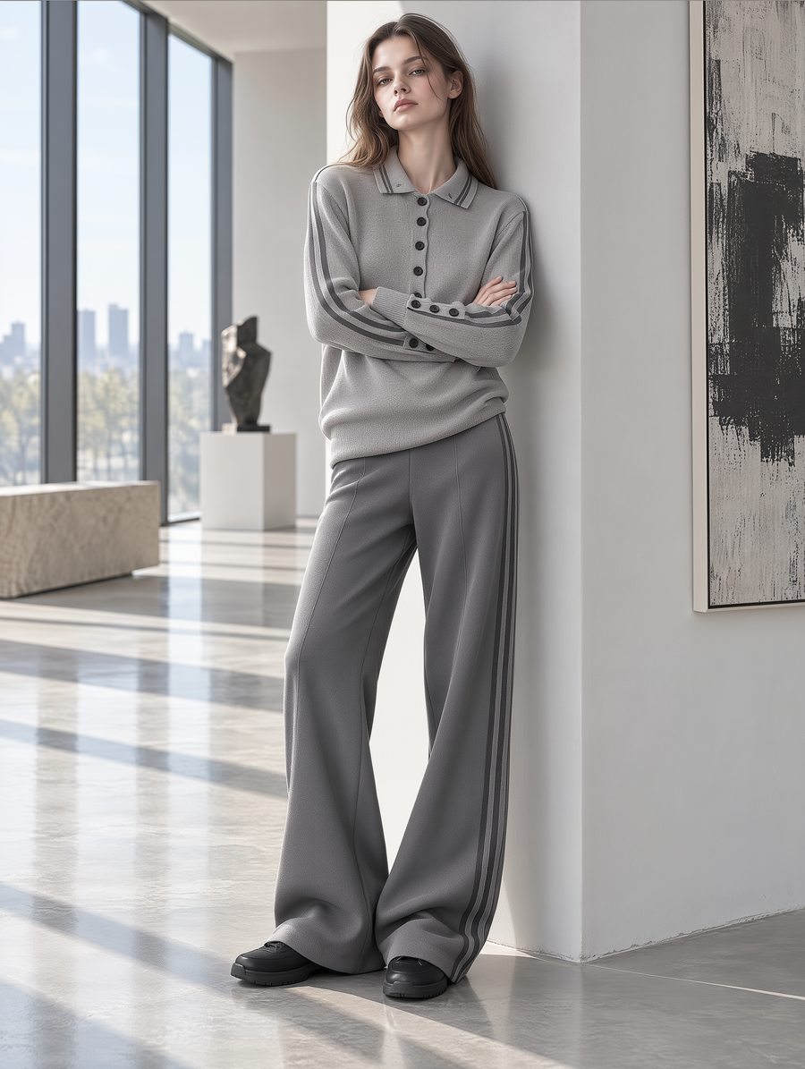 Grey Polo Knit Sweater & Side-Stripe Wide-Leg Pants Set