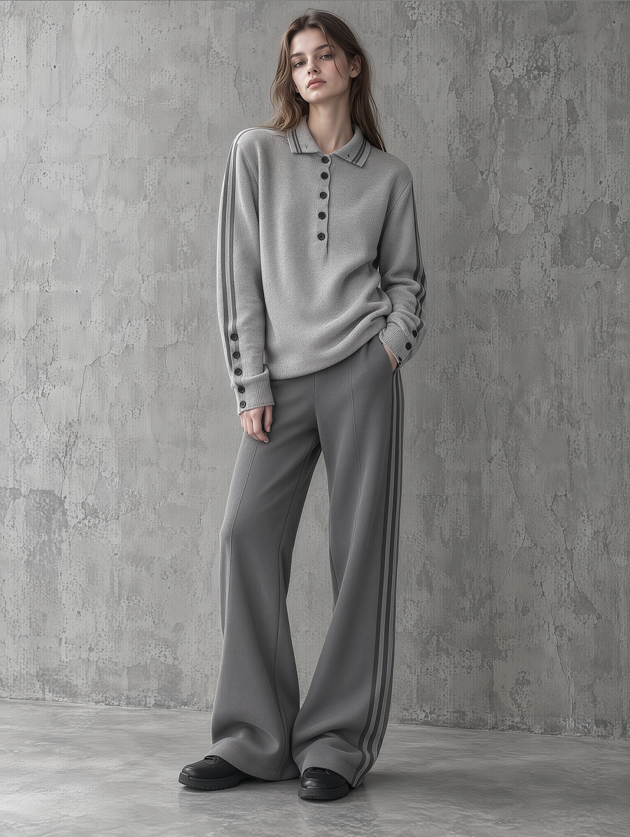 Grey Polo Knit Sweater & Side-Stripe Wide-Leg Pants Set