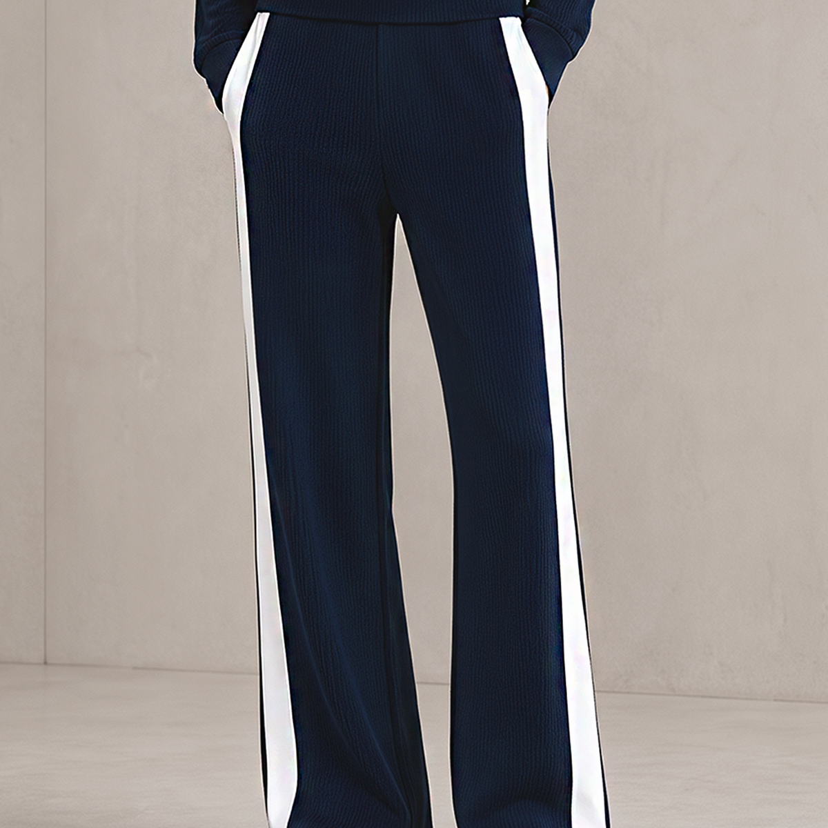 Stylish Navy Blue And White Color-block Wide-leg Trousers