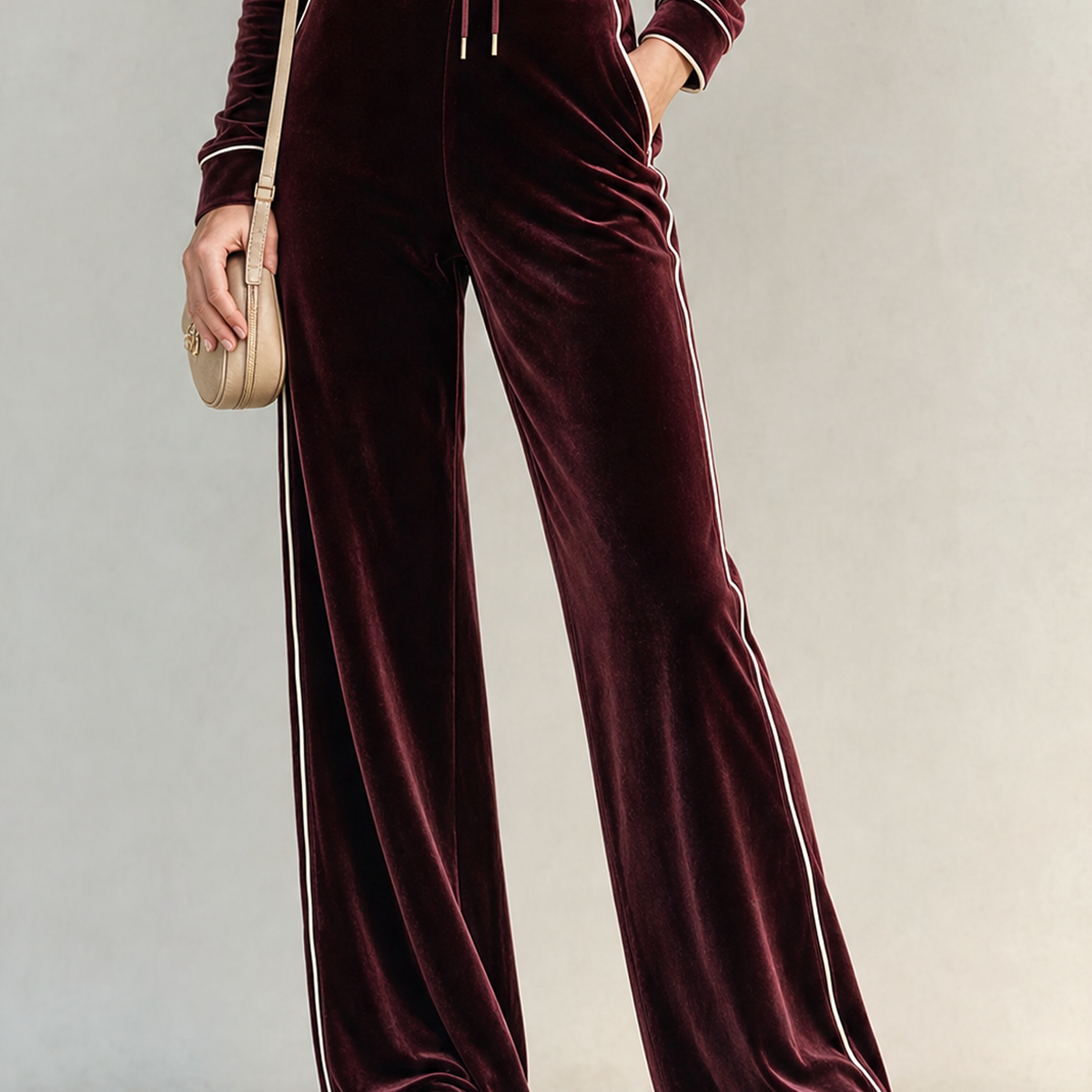 Burgundy Velvet Wide-leg Trousers With Color-blocking Details
