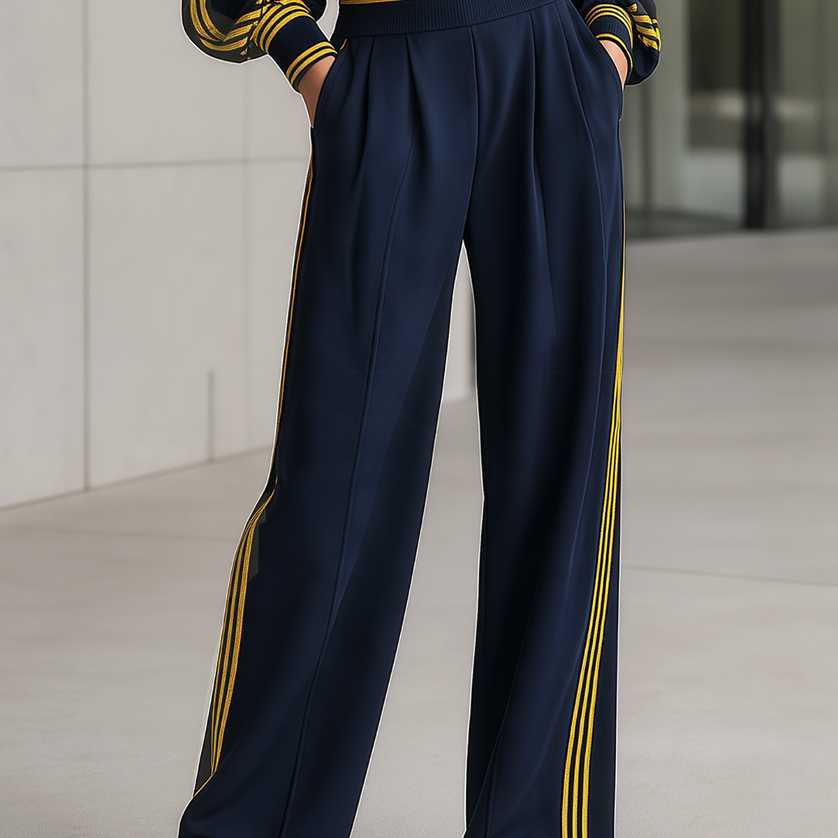Navy Blue Color-Block Striped Loose Wide-Leg Trousers