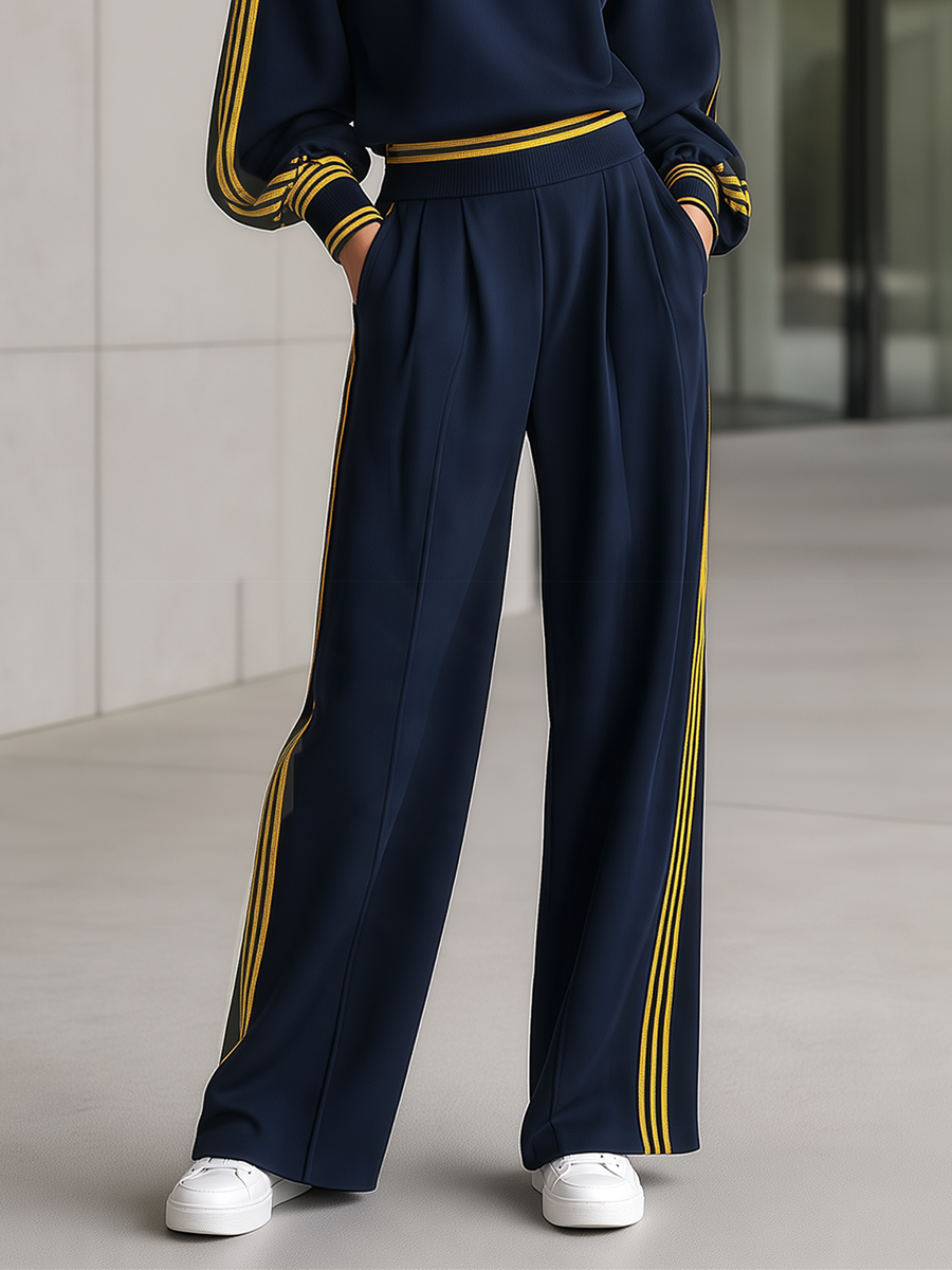 Navy Blue Color-Block Striped Loose Wide-Leg Trousers