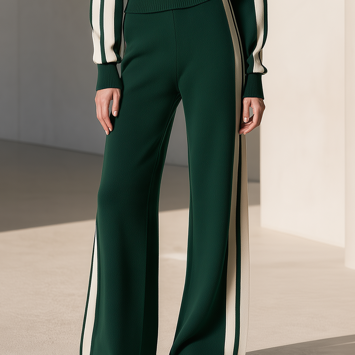 Dark Green And Cream Color-block Wide-leg Knit Trousers