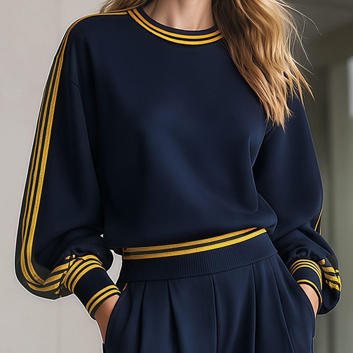 Navy Blue Color-Block Striped Crew-Neck Drop-Shoulder Top