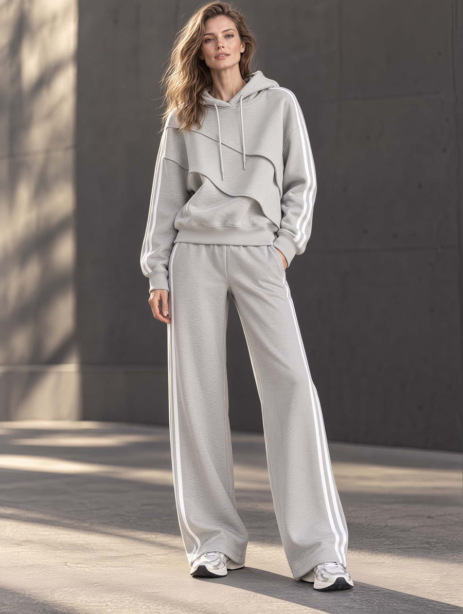Grey Stylish Sporty Long-sleeve Hooded Sweatshirt And Wide-leg Pants Set