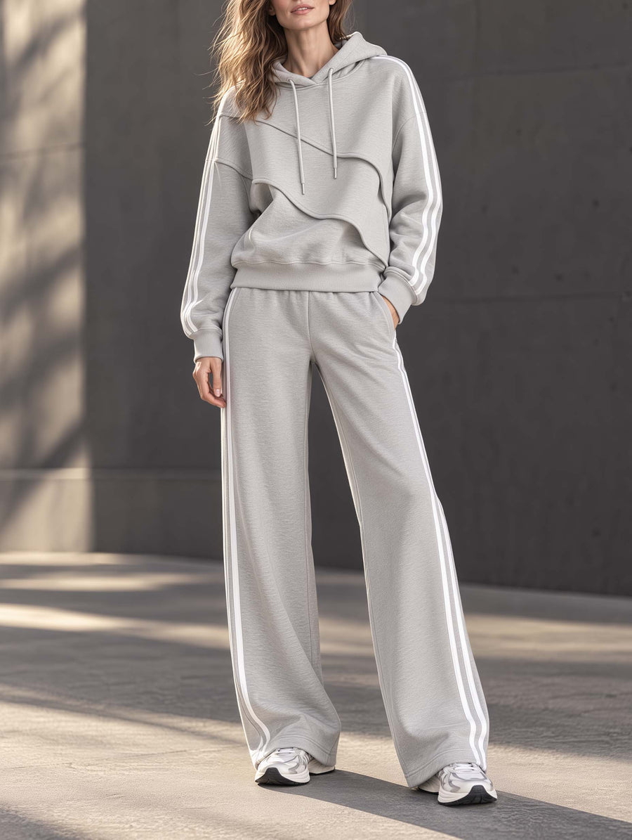 Grey Stylish Sporty Long-sleeve Hooded Sweatshirt And Wide-leg Pants Set