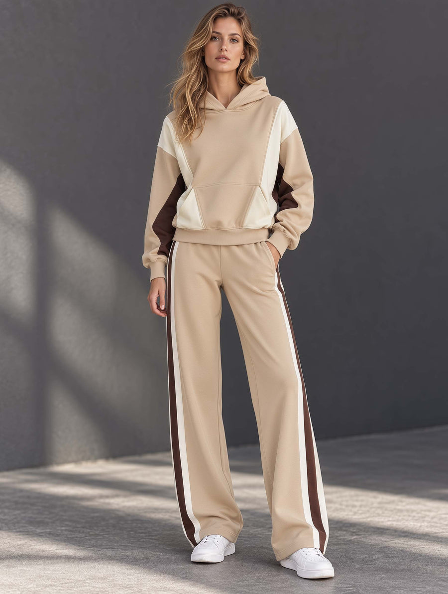 Sporty-chic Khaki Color-block Long-sleeve Hoodie And Pants Set