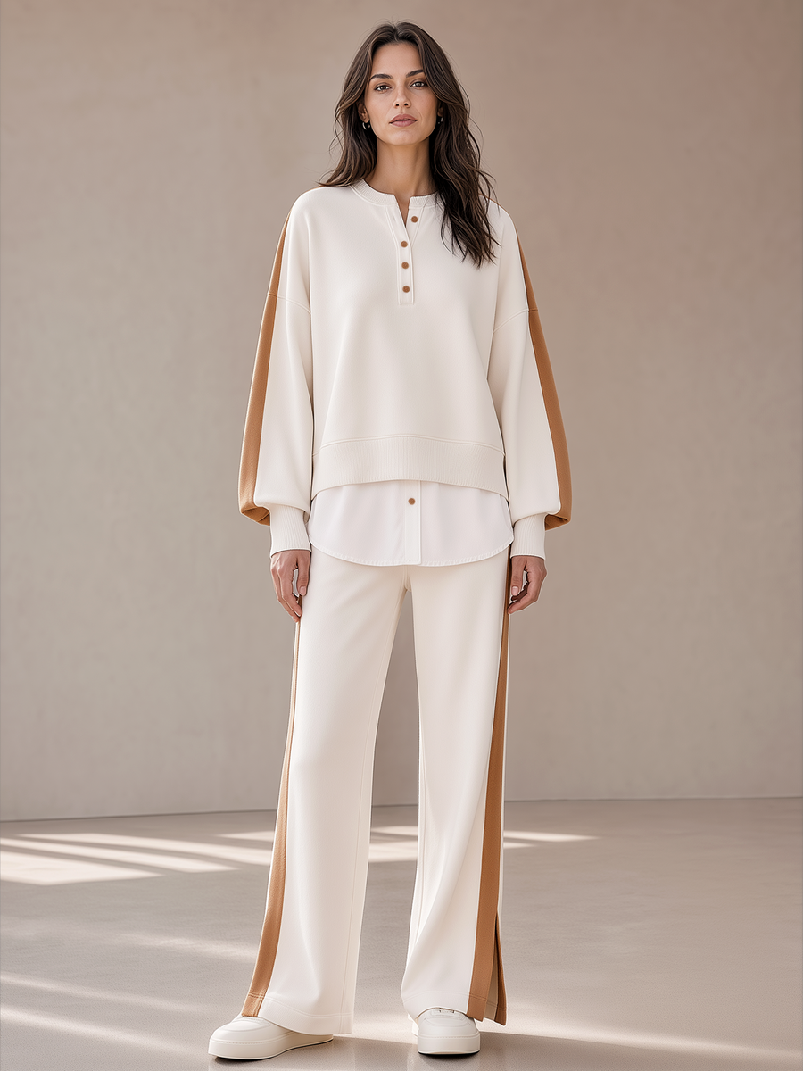 Off-white Color Block Fake Two-piece Sweatshirt With Side Split Wide-Leg Pants Set