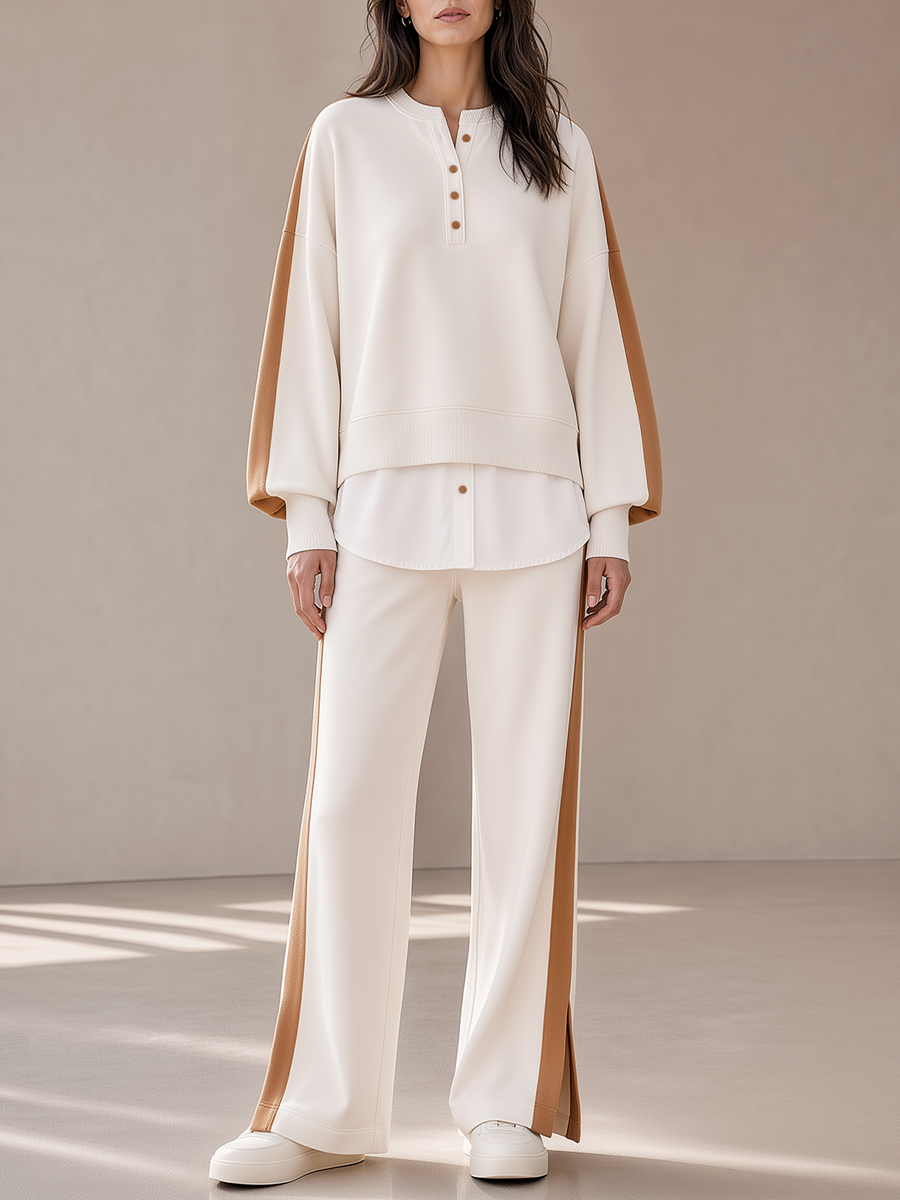Off-white Color Block Fake Two-piece Sweatshirt With Side Split Wide-Leg Pants Set
