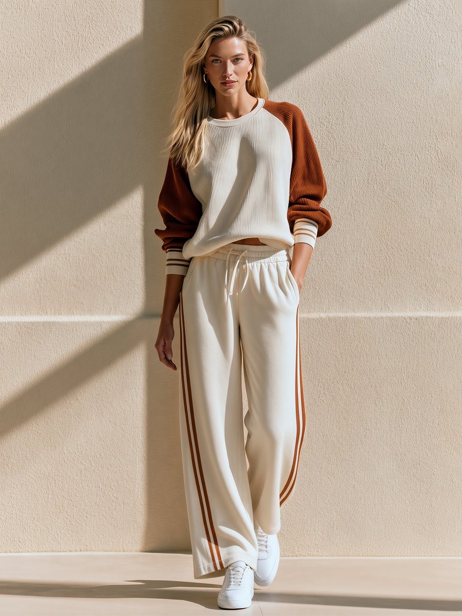 Off-white & Caramel Raglan Knit Top With Double Side Stripe Wide-Leg Pants Set