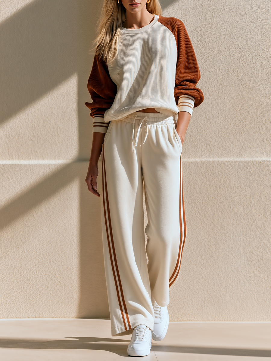 Off-white & Caramel Raglan Knit Top With Double Side Stripe Wide-Leg Pants Set