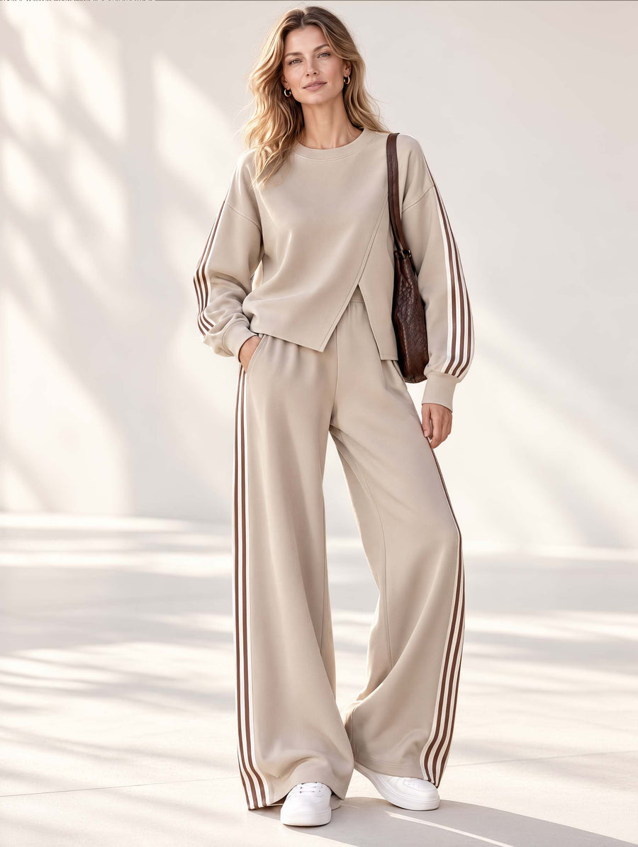 Stylish Casual Khaki Long-Sleeve Slit Top And Wide-Leg Pants Set