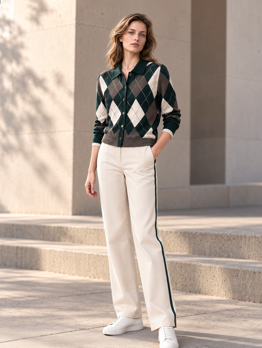 Retro Diamond-pattern Knit Cardigan And Off-white Wide-leg Trousers Set