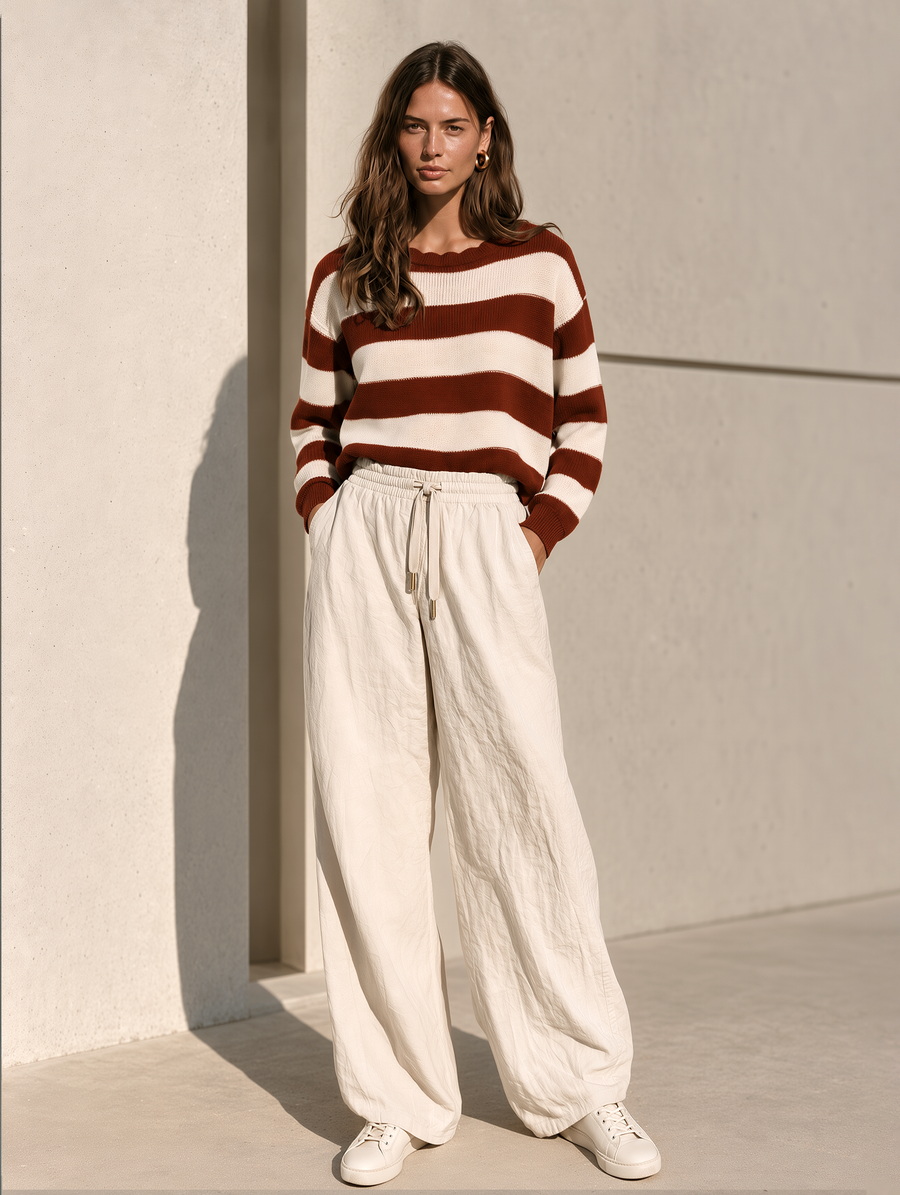 Dark Red Striped Sweater And Off-white Wide-leg Trousers Set