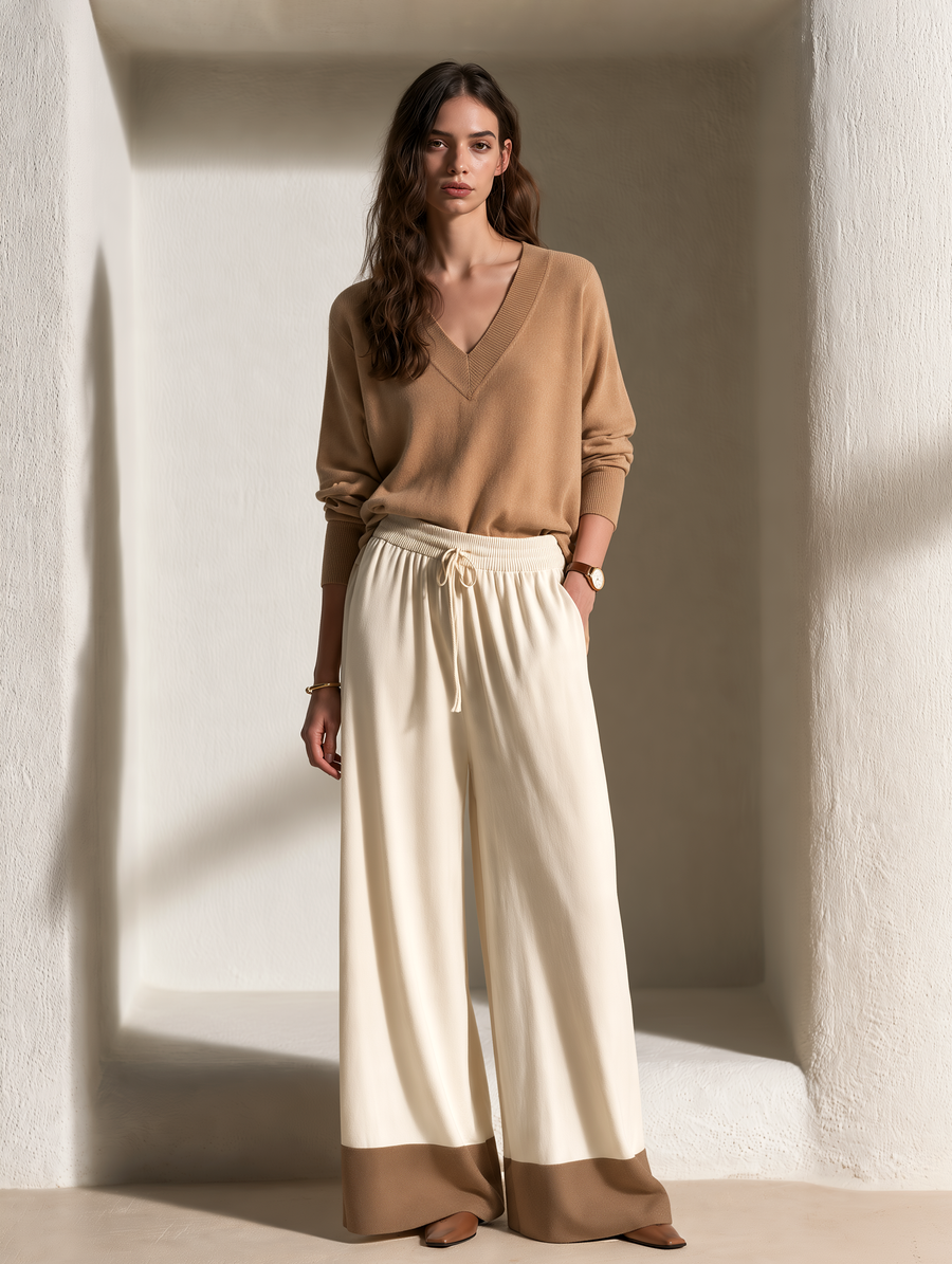 Camel V-neck Knit Top And Off-white Wide-leg Trousers Set