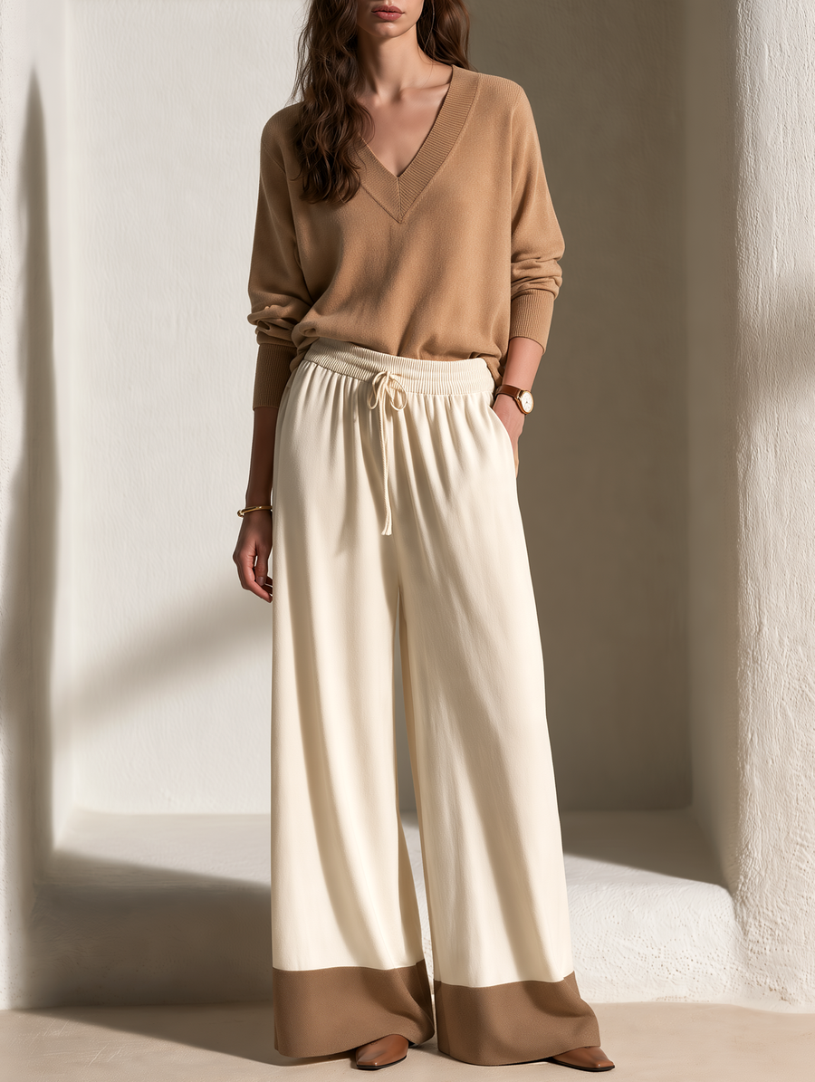 Camel V-neck Knit Top And Off-white Wide-leg Trousers Set