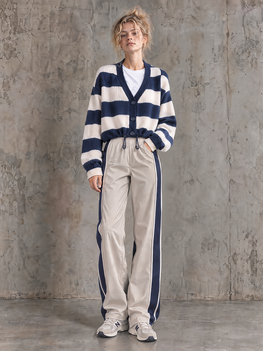 Navy Stripe Cardigan & Side-Stripe Wide-Leg Track Pants Set