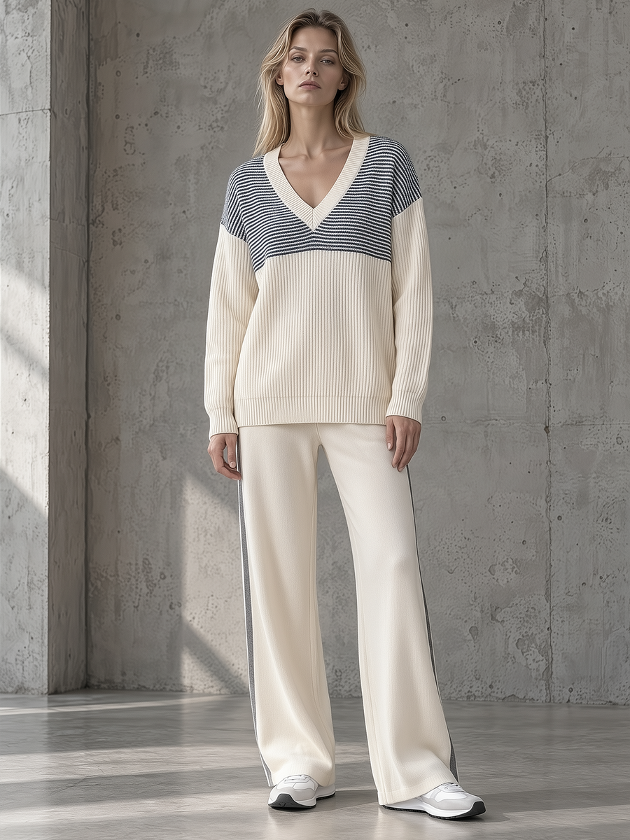 Ivory Striped-Yoke V-Neck Sweater & Wide-Leg Pants Set