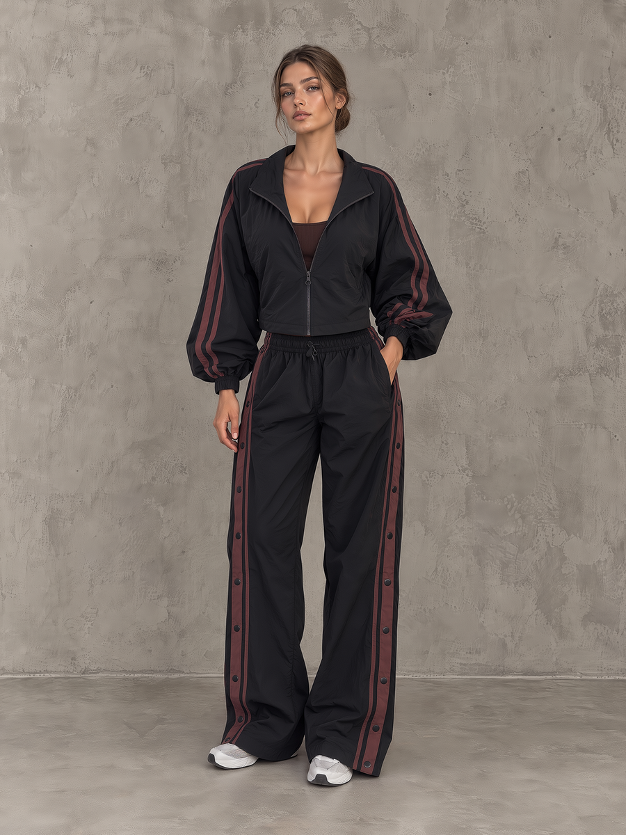 Black Contrast-Stripe Windbreaker And Snap-Side Wide-Leg Track Pants Set