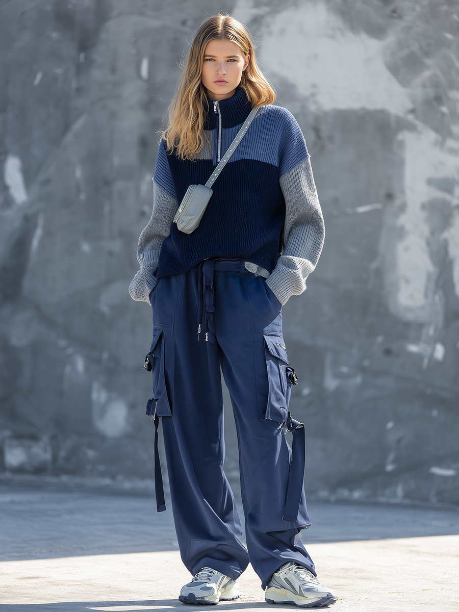 Navy Color-block Half-zip Knit Top And Cargo Pants Set