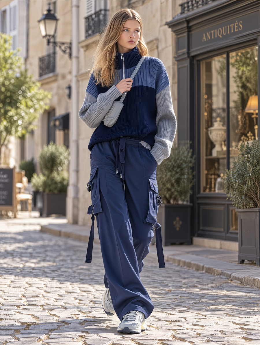 Navy Color-block Half-zip Knit Top And Cargo Pants Set