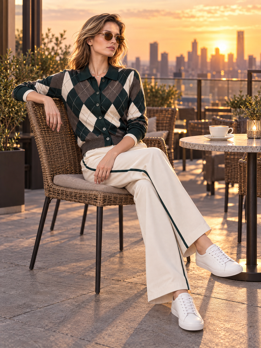 Retro Diamond-pattern Knit Cardigan And Off-white Wide-leg Trousers Set
