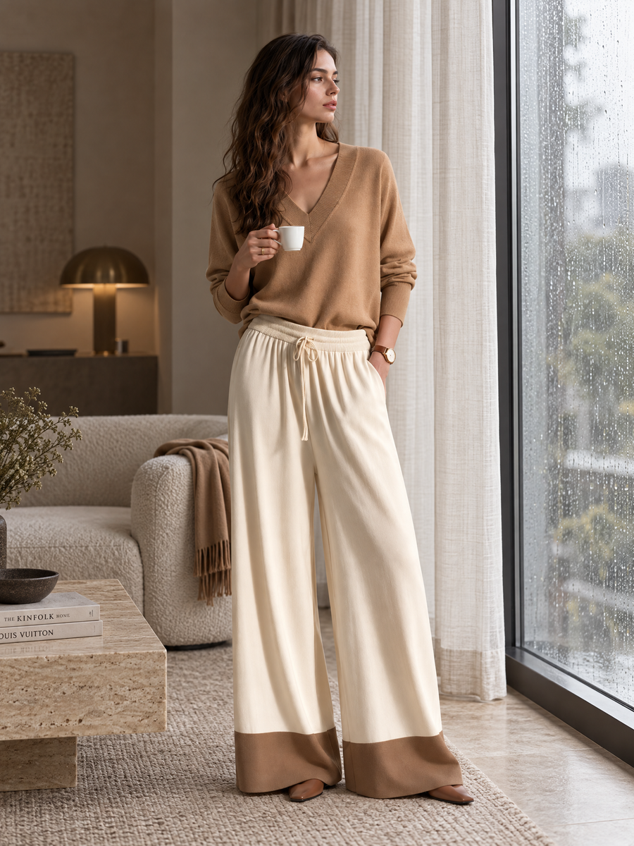 Camel V-neck Knit Top And Off-white Wide-leg Trousers Set