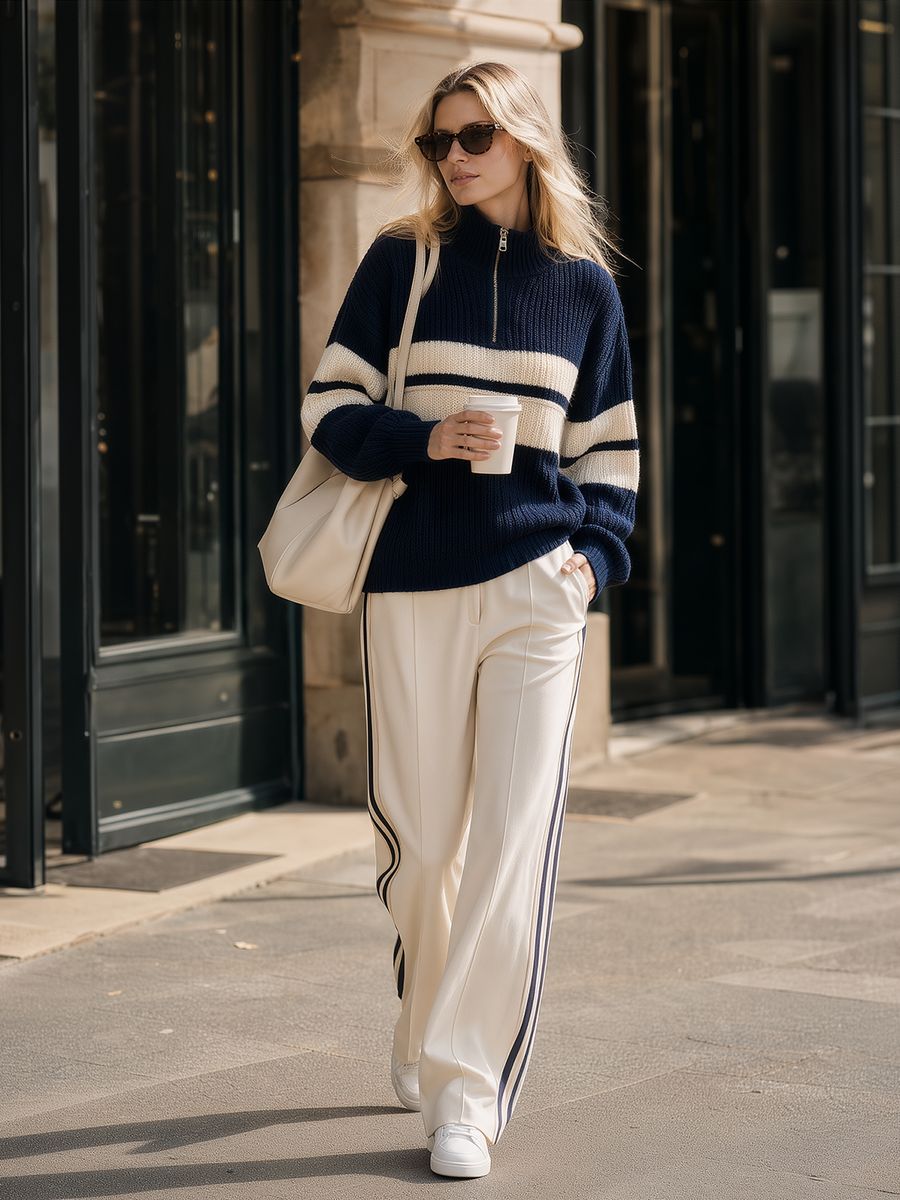 Navy Blue Color-block Striped Half-zip Sweater Paired With Beige Wide-leg Trousers