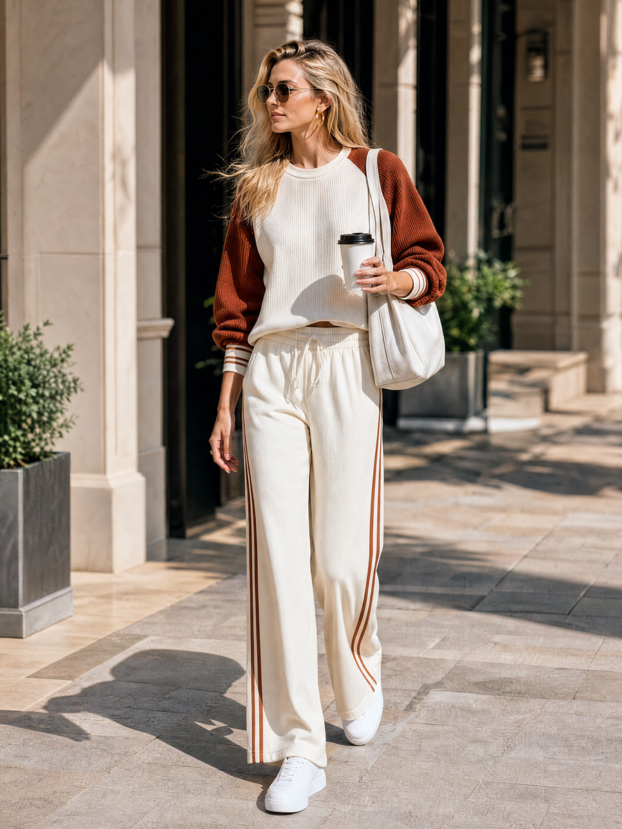 Off-white & Caramel Raglan Knit Top With Double Side Stripe Wide-Leg Pants Set