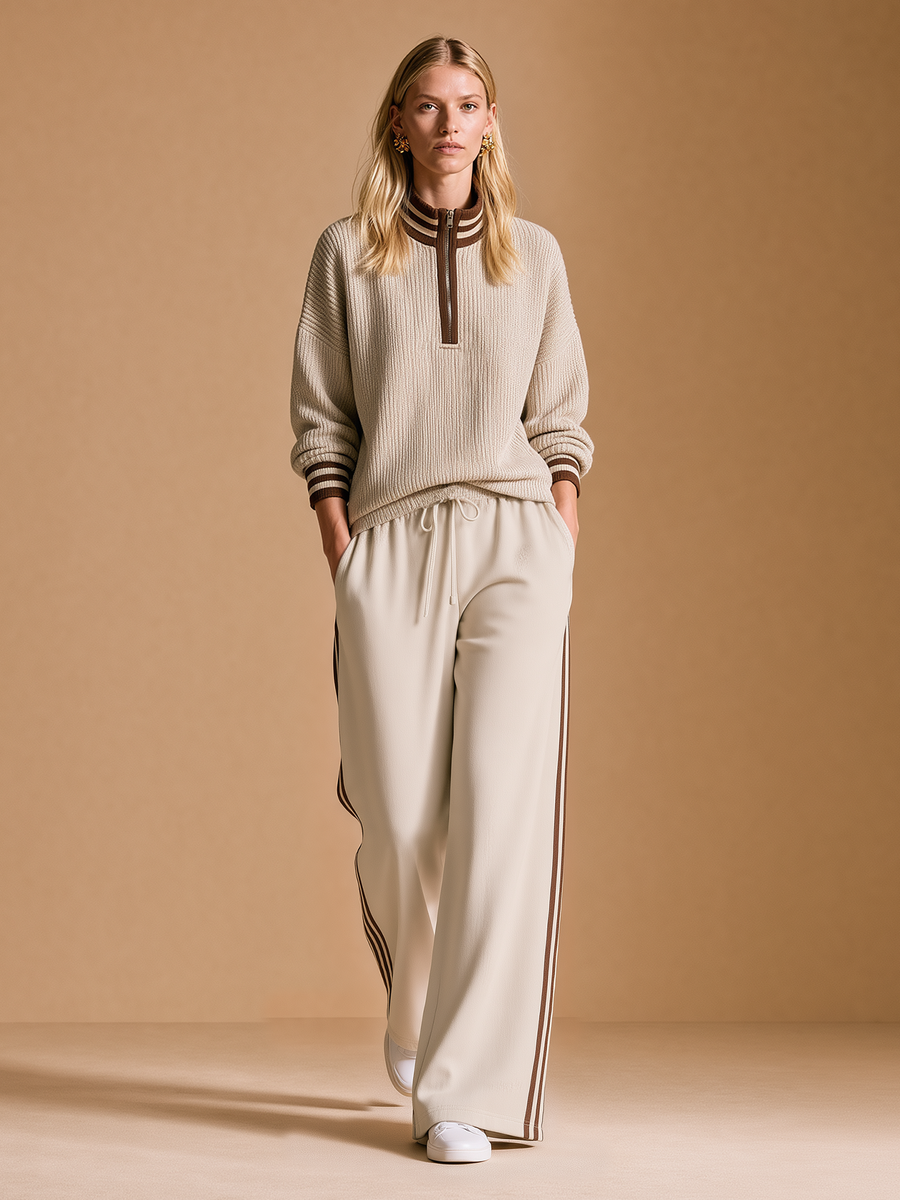 Oatmeal Half Zip Collar Knit Top With Side Stripe Wide-Leg Pants Set