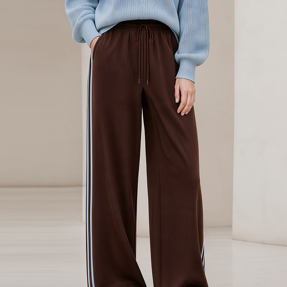Stylish Casual Brown Wide-Leg Pants With Contrasting Side Stripes