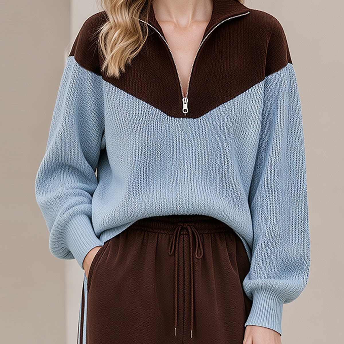 Stylish Casual Brown And Blue Color-Block Half-Zip Sweater